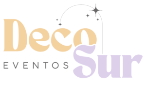 Deco Sur Eventos logo with 'Deco' in a soft peach color, 'Sur' in a light lavender with a flowing script style, and 'Eventos' in gray uppercase letters below. Decorative stars and curved lines give a magical and elegant touch